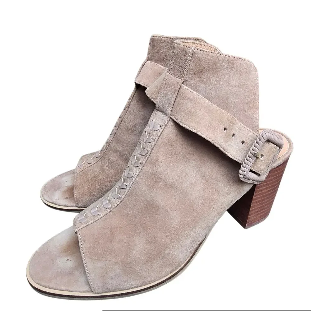 Jack Rogers Suede Bootie Izzie Size 10 Open Toe Ankle Boot Tan Leather Buckle